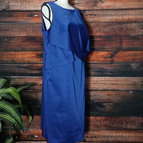 Talbots Woman Dress Plus Size 16 W Royal Blue Satin Sheath Draped Waist Formal - Picture 3 of 11